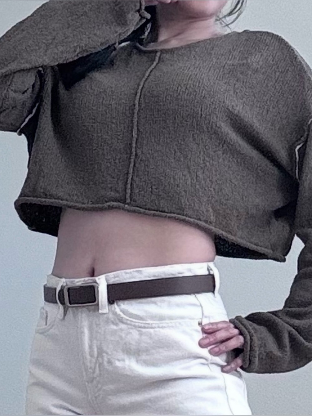 Zara Olive Green Exposed Seam Cropped Knit Top - XS